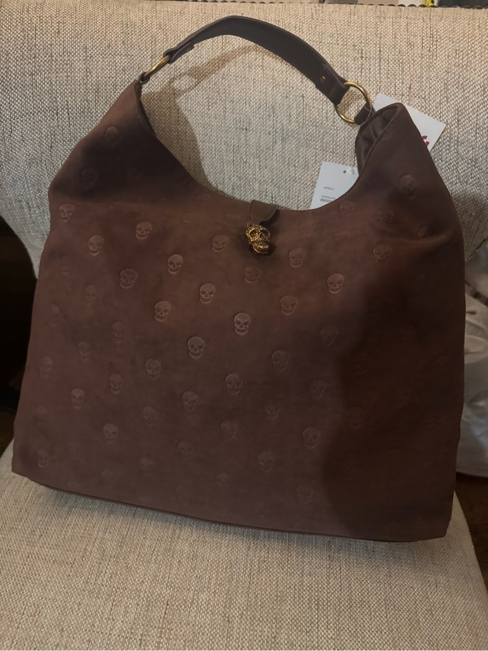 Brown Suede Skull-Embossed Hobo Bag